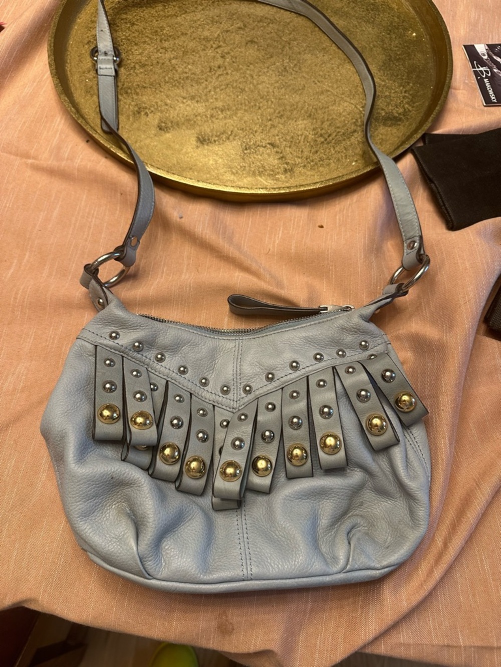 Vintage B. makowsky blue Fringe Stud leather Shoulder Bag Y2K
